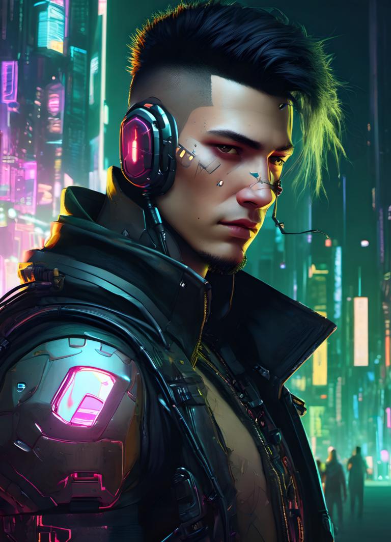 Cyberpunk,Cyberpunk, Mensen, man, cyberpunk, 1 jongen, mannelijke focus, cyborg, realistisch, zwart haar