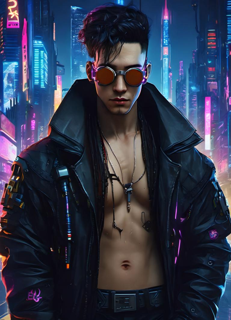 Cyberpunk,Cyberpunk, People, man, solo, jacket, navel, cyberpunk, open clothes, necklace, belt, black hair