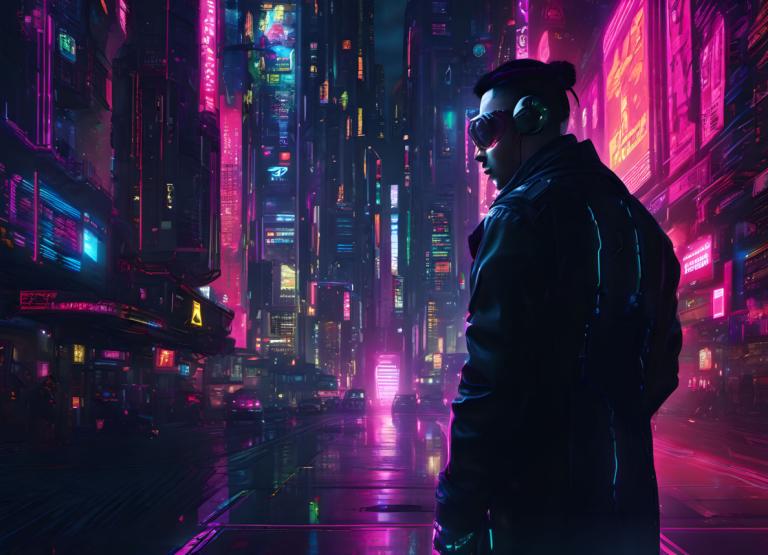 Cyberpunk,Cyberpunk, Personnes, homme, cyberpunk, néons, 1garçon, ville, nuit, foyer masculin, en plein air