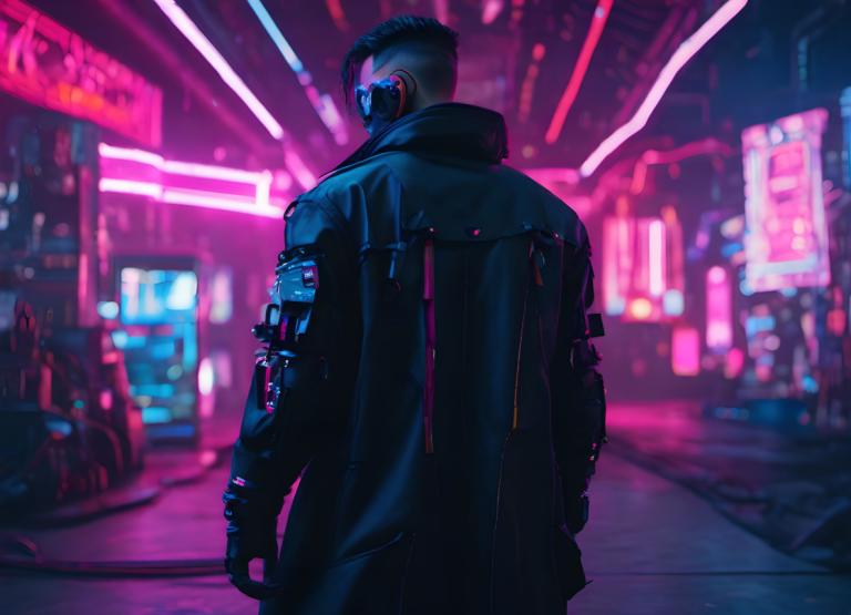 Cyberpunk,Cyberpunk, Mennesker, mand, neonlys, 1 dreng, cyberpunk, mandligt fokus, bagfra, glødende, solo