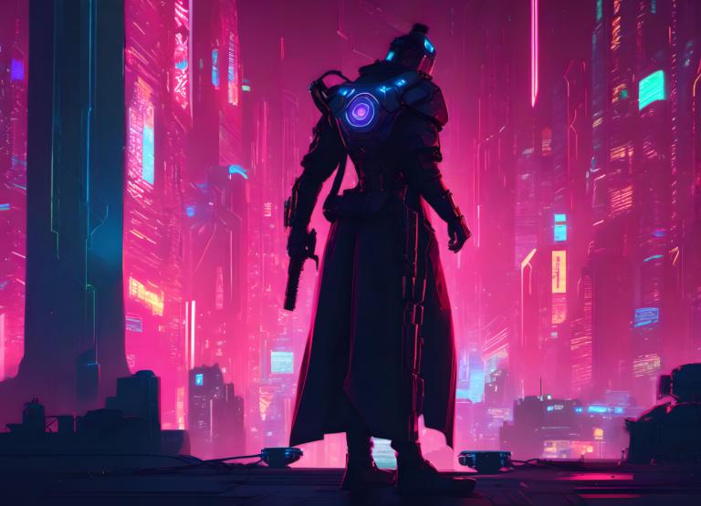 Cyberpunk,Cyberpunk, Menschen, Mann, Waffe, Pistole, Science-Fiction, Waffe haltend, Cyberpunk, Neonlichter