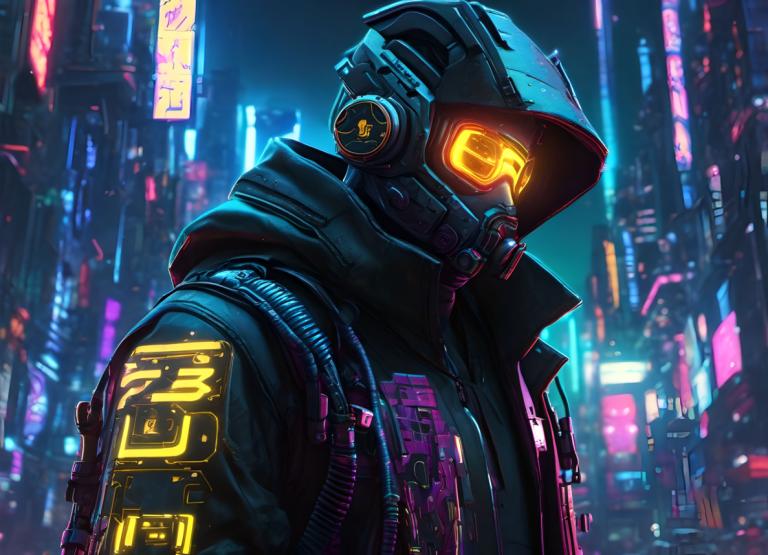 Cyberpunk,Cyberpunk, People, man, jacket, science fiction, solo, glowing, cyberpunk, night, hood, neon lights