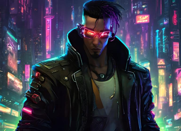 Cyberpunk,Cyberpunk, Menschen, Mann, 1Junge, männlicher Fokus, Solo, Jacke, Cyberpunk, dunkelhäutiger Mann