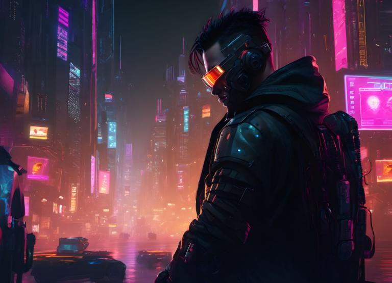 Cyberpunk,Cyberpunk, människor, man, cyberpunk, natt, stad, neonljus, huva, 1 pojke, manligt fokus