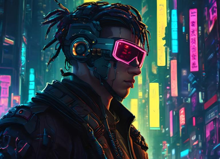 Cyberpunk,Cyberpunk, Mennesker, mand, cyberpunk, 1 dreng, solo, mandligt fokus, neonlys, cyborg, dreadlocks