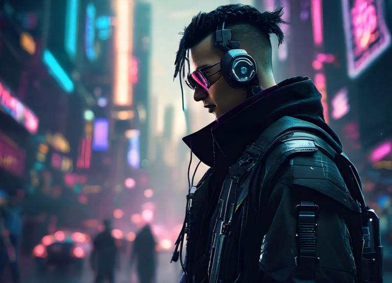 Cyberpunk,Cyberpunk, People, man, 1boy, blurry, male focus, jacket, blurry background, black hair, from side