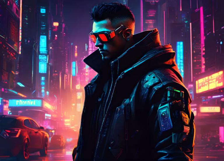 Cyberpunk,Cyberpunk, People, man, 1boy, male focus, jacket, cyberpunk, motor vehicle, night, neon lights