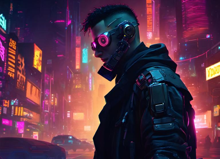 Cyberpunk,Cyberpunk, Ljudje, moški, cyberpunk, 1 fant, neonske luči, moški fokus, noč, kiborg, mesto, jakna