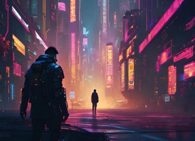 Cyberpunk,Cyberpunk, Ljudje, moški, cyberpunk, neonske luči, več fantov, mesto, znanstvena fantastika