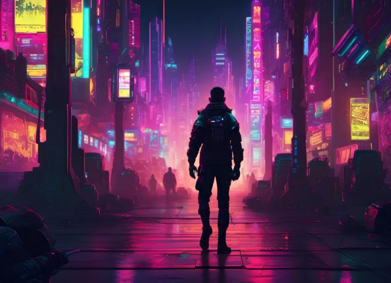 Cyberpunk,Cyberpunk, People, man, neon lights, cyberpunk, city, night, science fiction, 1boy, from behind