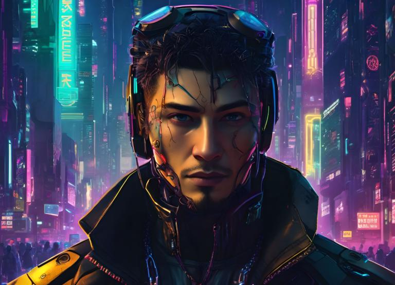 Cyberpunk,Cyberpunk, Menschen, Mann, Cyberpunk, 1Junge, realistisch, männlicher Fokus, Neonlichter, Stadt