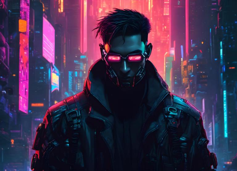 Cyberpunk,Cyberpunk, Menschen, Mann, Cyberpunk, 1Junge, männlicher Fokus, Solo, Jacke, Neonlichter