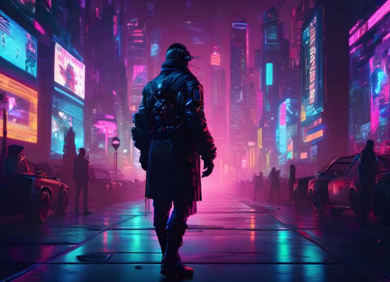 Cyberpunk,Cyberpunk, Menschen, Mann, Neonlichter, Bodenfahrzeug, Kraftfahrzeug, Cyberpunk, Nacht, Stadt, Auto