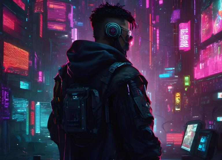 Cyberpunk,Cyberpunk, Menschen, Mann, 1Junge, Neonlichter, Cyberpunk, männlicher Fokus, Haube, Jacke, Solo