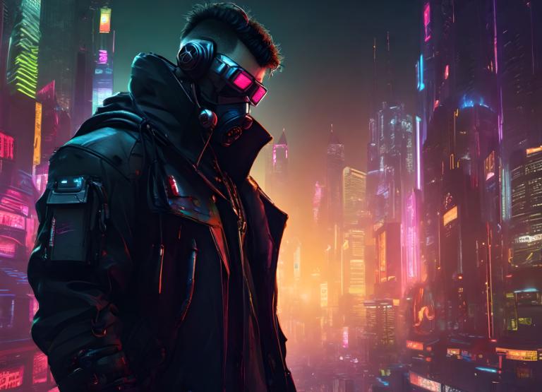 Cyberpunk,Cyberpunk, Menschen, Mann, 1Junge, männlicher Fokus, Solo, Cyberpunk, Jacke, Nacht, Stadt, draußen