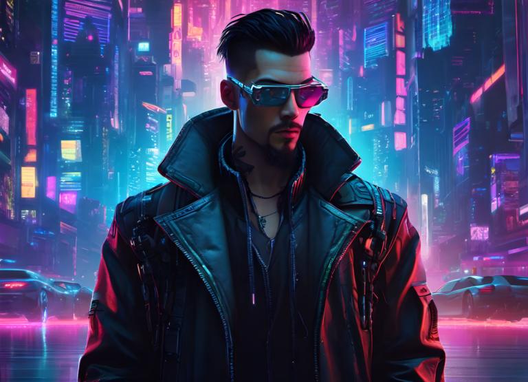 Cyberpunk,Cyberpunk, Oameni, om, 1 băiat, focalizare masculină, sacou, solo, Bijuterii, colier, Păr facial