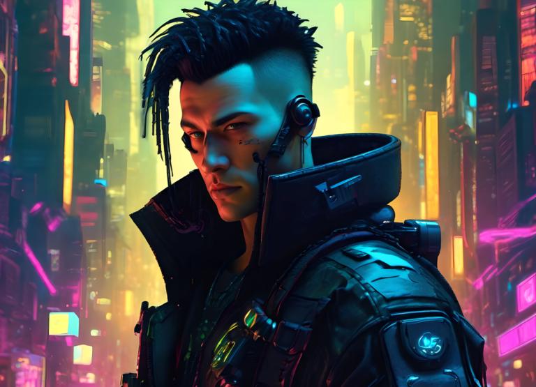 Cyberpunk,Cyberpunk, People, man, 1boy, male focus, cyberpunk, solo, jacket, neon lights, black hair