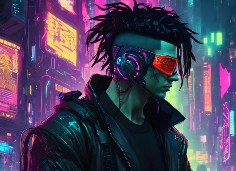 Cyberpunk,Cyberpunk, People, man, cyberpunk, 1boy, male focus, jacket, solo, neon lights, black hair, scar