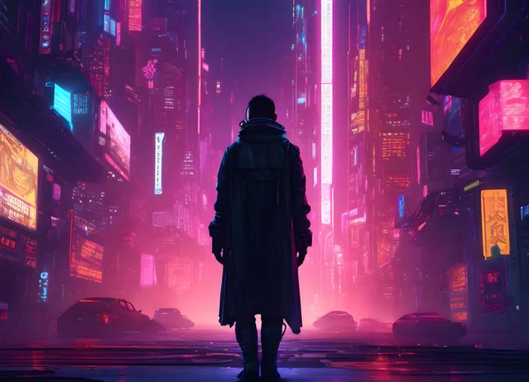 Cyberpunk,Cyberpunk, Oameni, om, lumini de neon, cyberpunk, 1 băiat, din spate, oraș, focalizare masculină