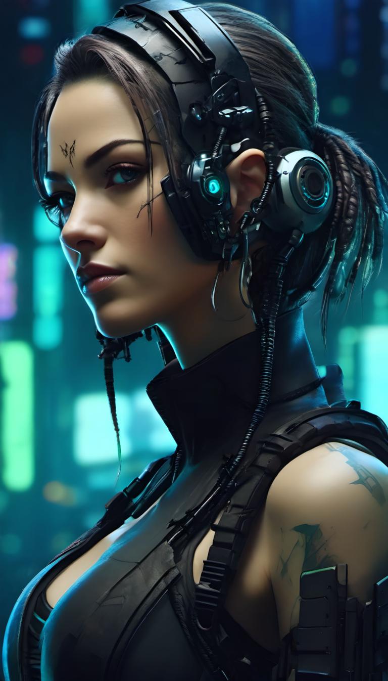 Cyberpunk,Cyberpunk, Mensen, vrouw, 1meisje, solo, borsten, tatoeëren, cyberpunk, lippen, bovenlichaam