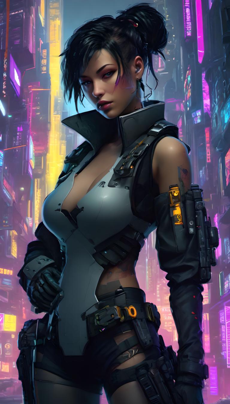 Cyberpunk,Cyberpunk, människor, kvinna, 1 tjej, solo, bröst, klyvning, handskar, svart hår, hölster, hårknut