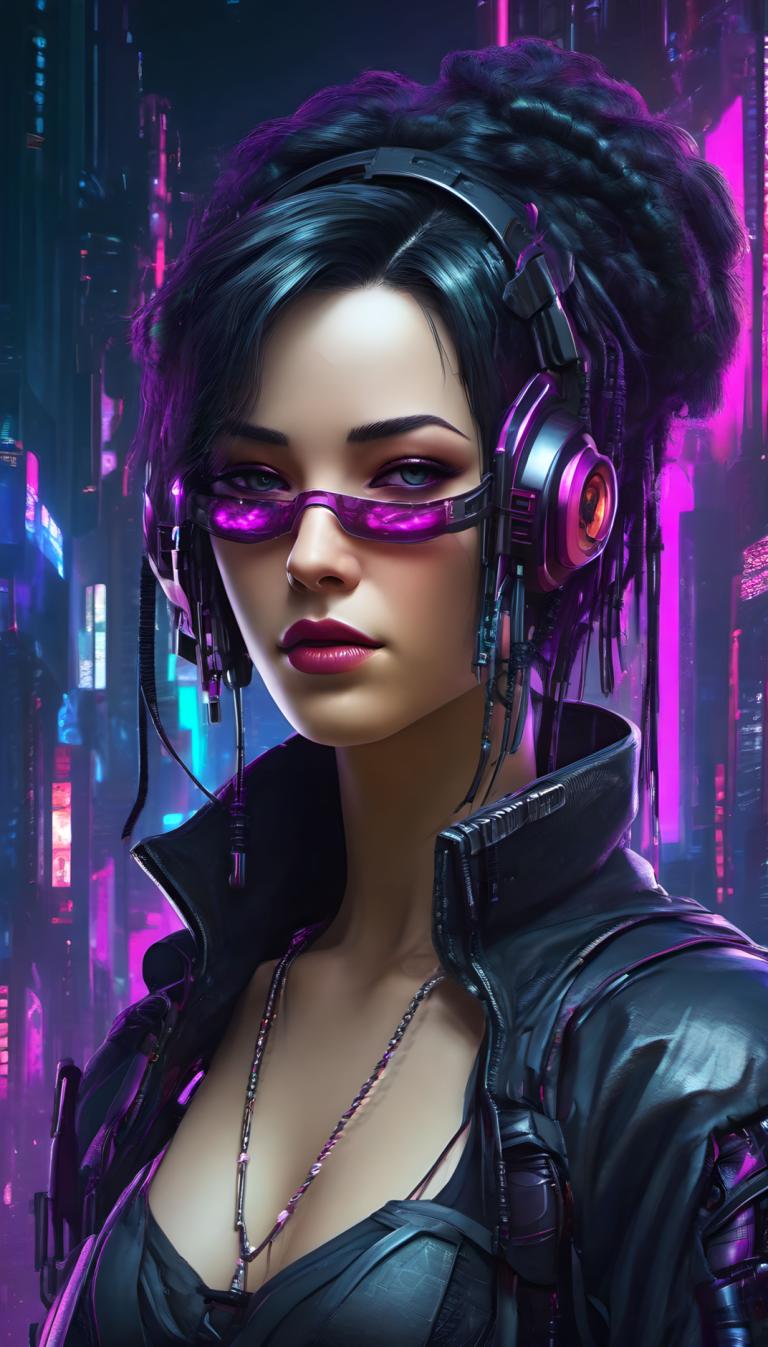 Cyberpunk,Cyberpunk, Ljudje, ženska, 1 dekle, solo, prsi, cepitev, nakit, ogrlica, slušalke, Črni lasje