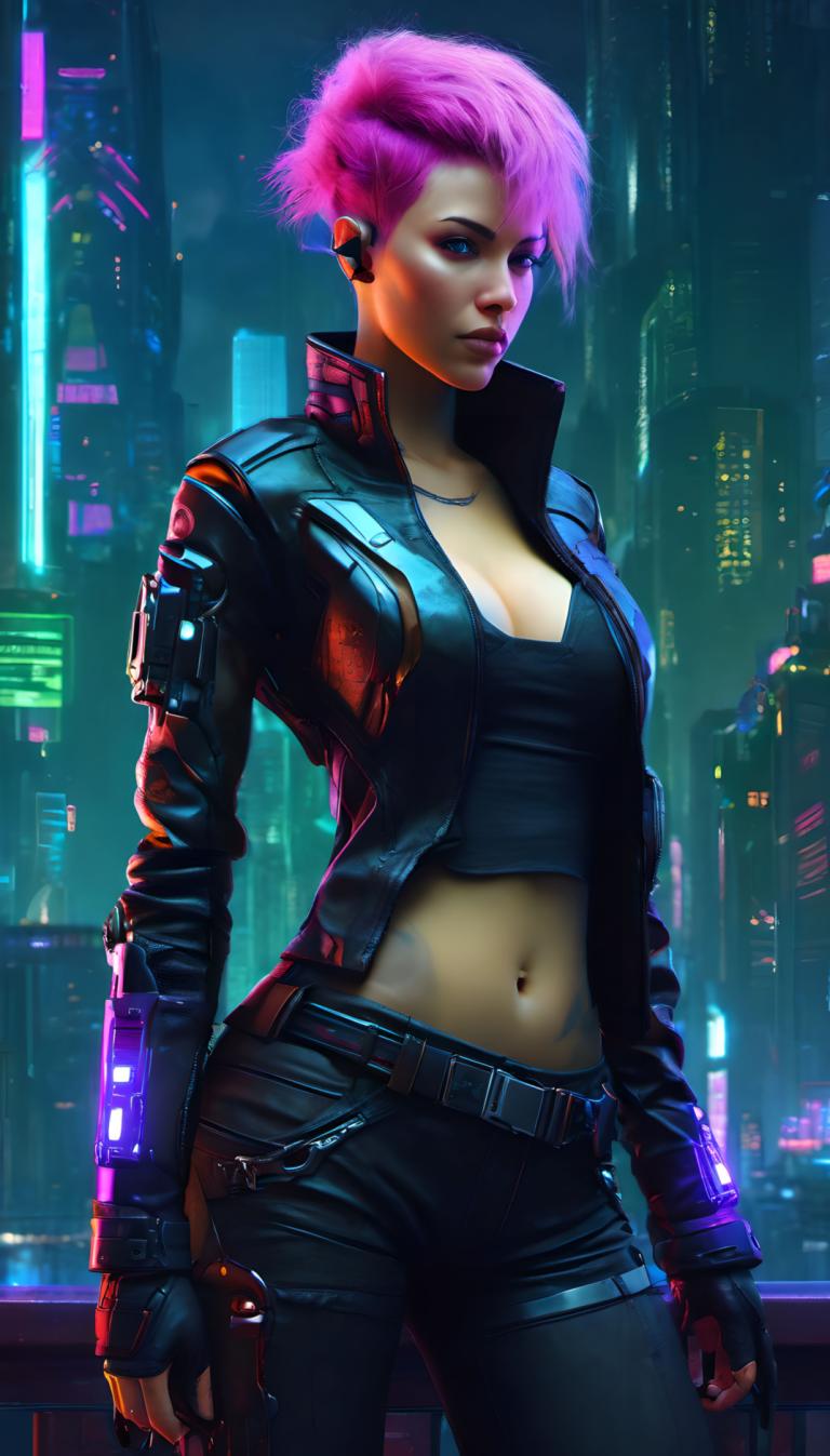 Cyberpunk,Cyberpunk, Oameni, femeie, 1 fata, păr roz, solo, sanii, buric, par scurt, mănuși, cyberpunk