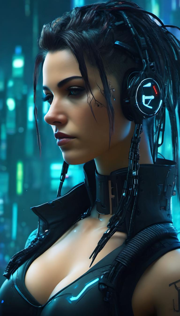 Cyberpunk,Cyberpunk, människor, kvinna, 1 tjej, solo, bröst, klyvning, cyberpunk, svart hår, realistisk