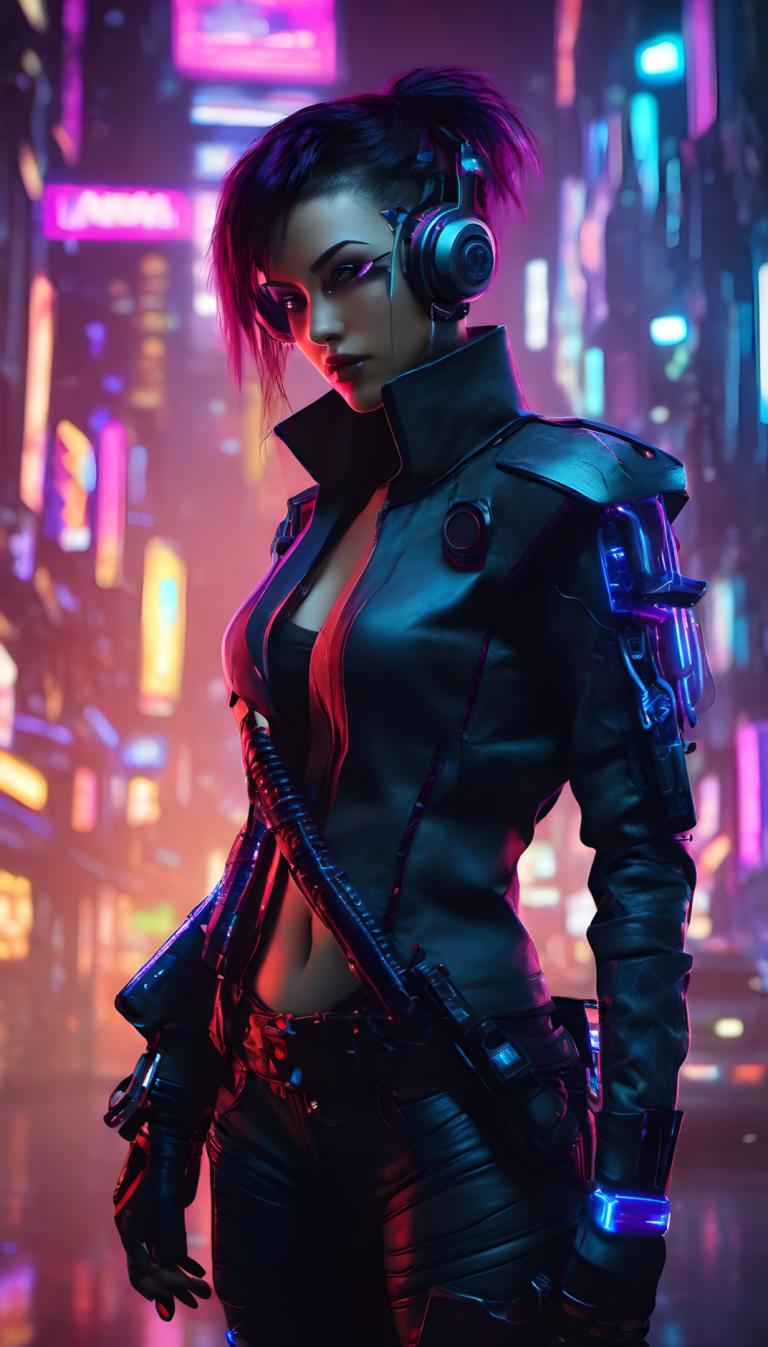 Cyberpunk,Cyberpunk, Mennesker, kvinde, 1 pige, solo, navle, neonlys, jakke, bryster, cyberpunk