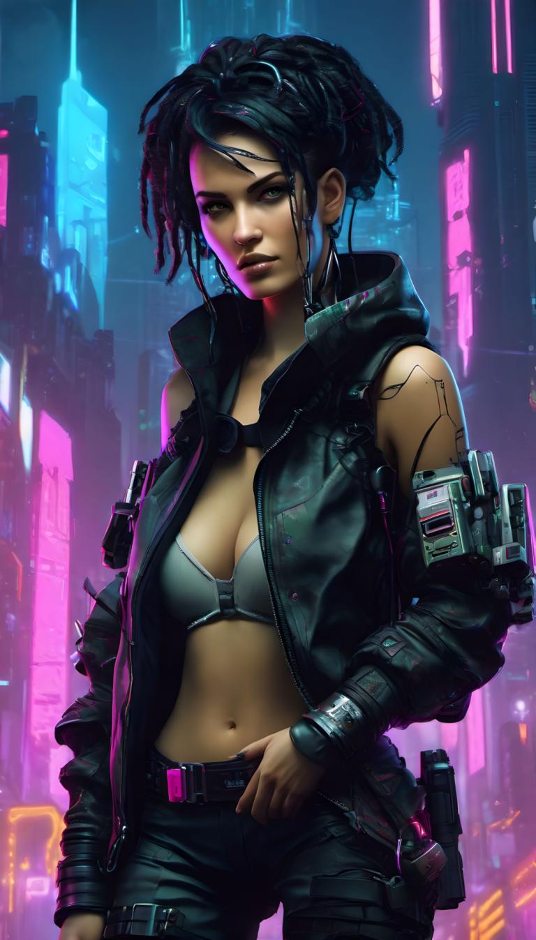 Cyberpunka,Cyberpunka, Ludzie, kobieta, 1 dziewczyna, solo, cyberpunk, pępek, piersi, kabura, czarne włosy