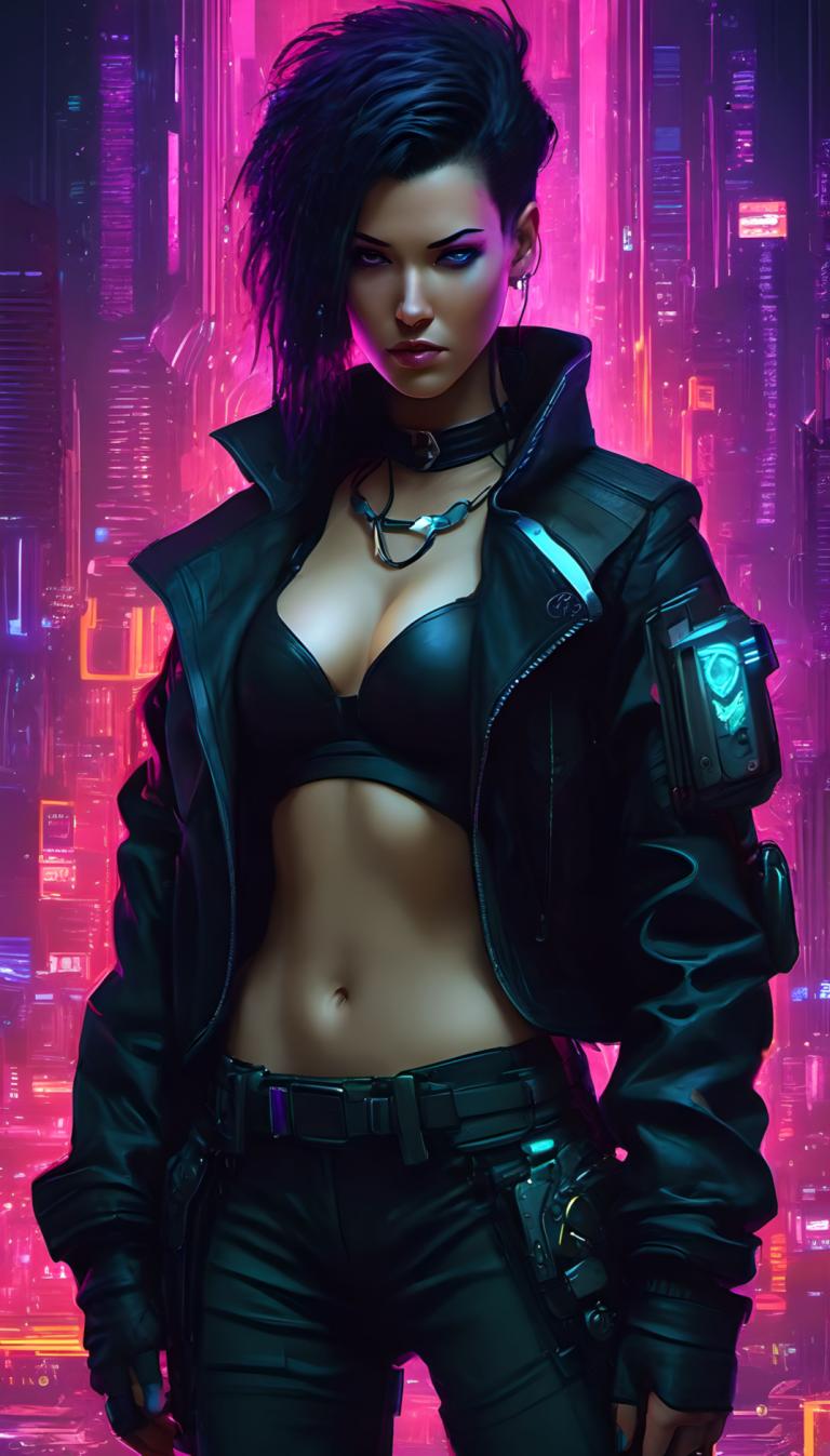 Cyberpunk,Cyberpunk, People, woman, 1girl, cyberpunk, solo, breasts, navel, jacket, pants, jewelry