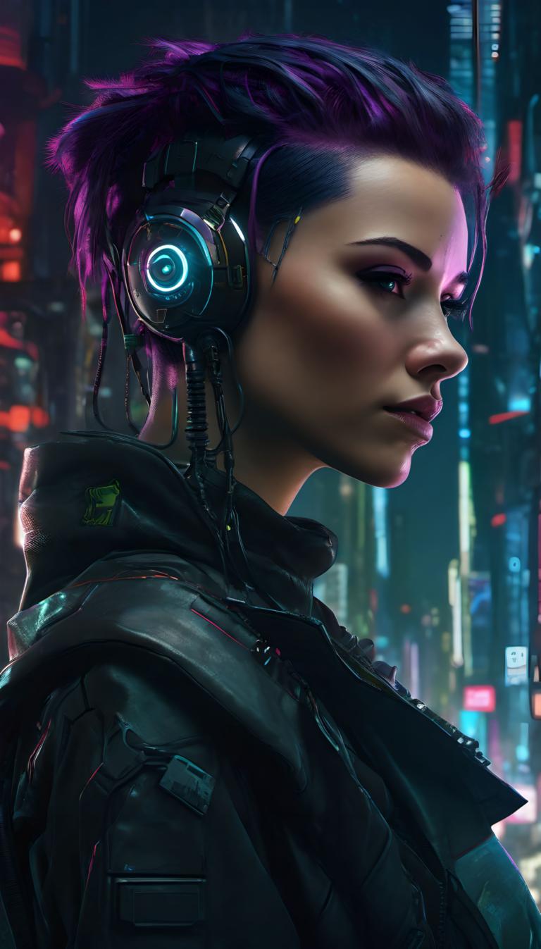 Cyberpunk,Cyberpunk, Mensen, vrouw, 1meisje, cyberpunk, solo, jasje, kort haar, paars haar, van de zijkant