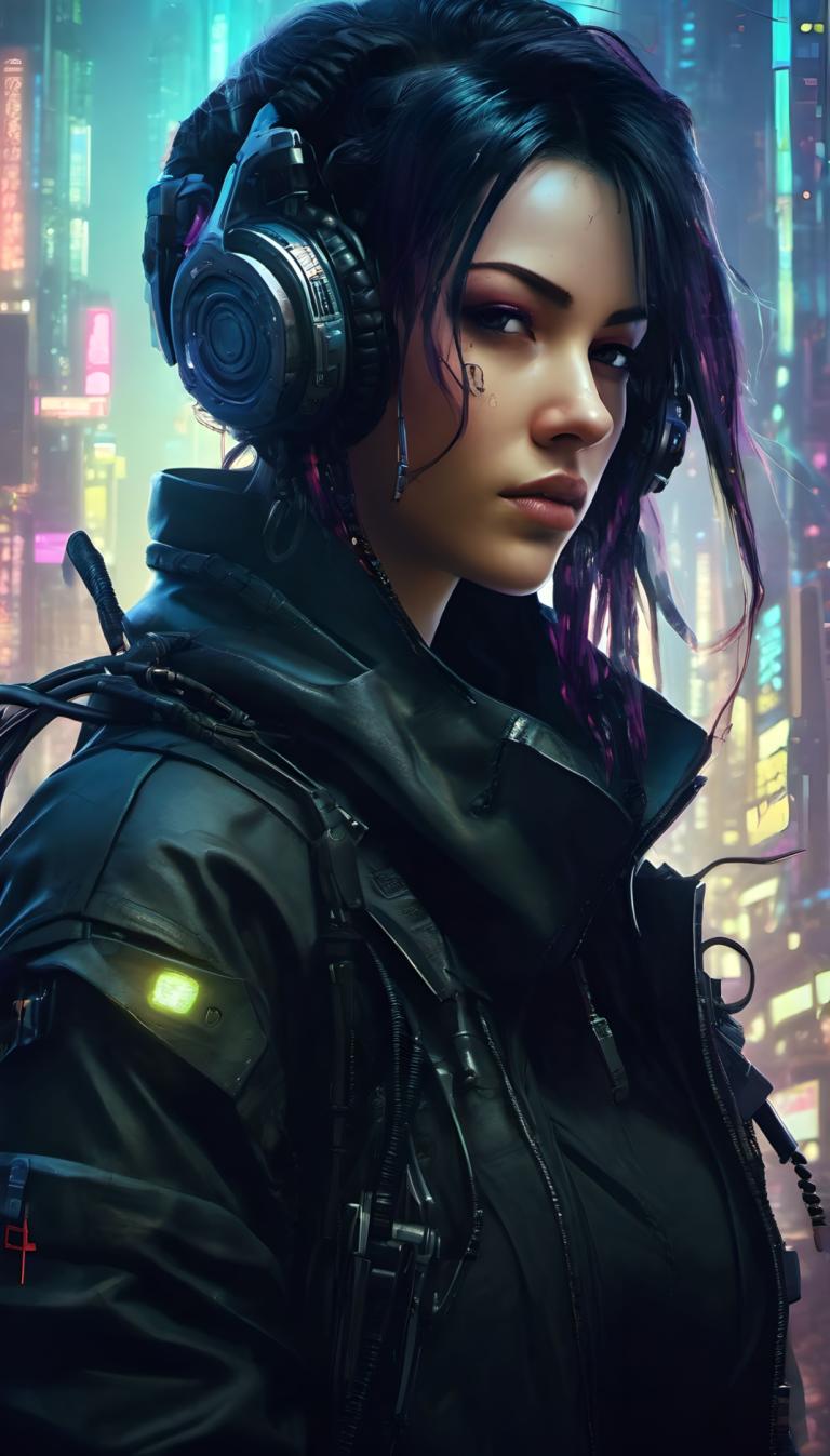 Cyberpunk,Cyberpunk, Rakyat, wanita, 1 gadis, solo, cyberpunk, jaket, headphone, realistis, rambut hitam