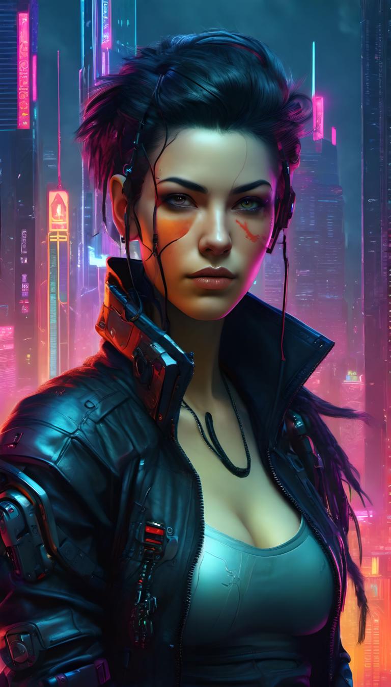 Cyberpunk,Cyberpunk, människor, kvinna, 1 tjej, cyberpunk, bröst, jacka, solo, klyvning, öppen jacka