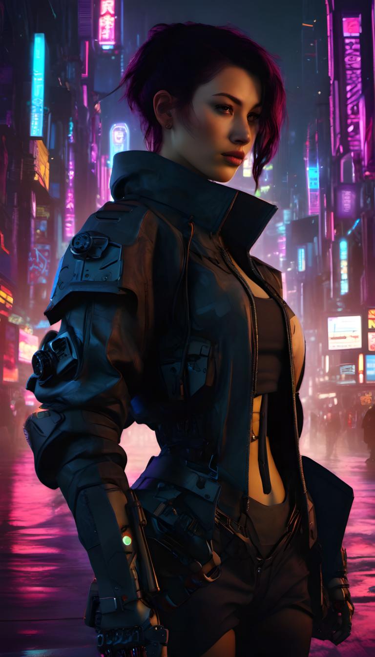 Cyberpunk,Cyberpunk, Mọi người, đàn bà, 1 cô gái, cyberpunk, đèn neon, tóc ngắn, áo khoác, đêm, đôi môi