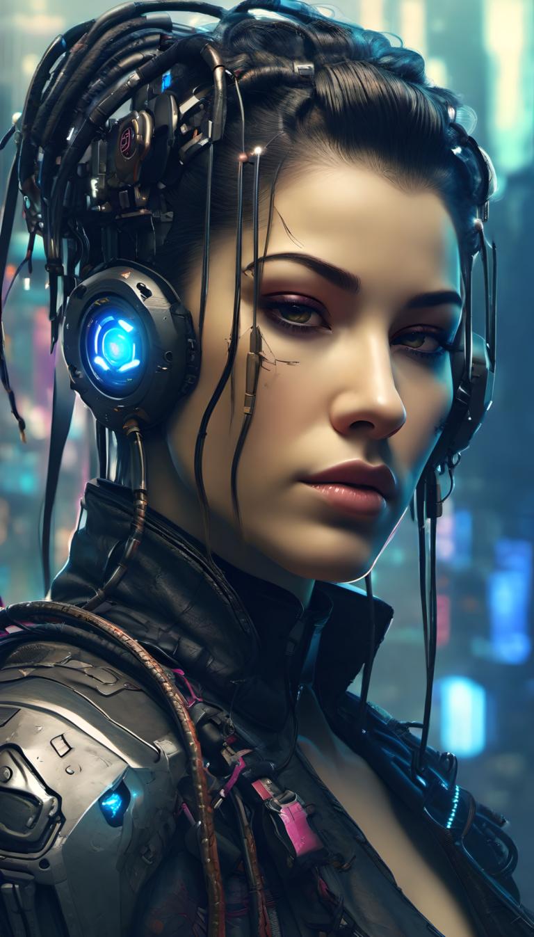 Cyberpunk,Cyberpunk, Persone, donna, 1 ragazza, assolo, cyberpunk, capelli neri, cavo, labbra, realistico