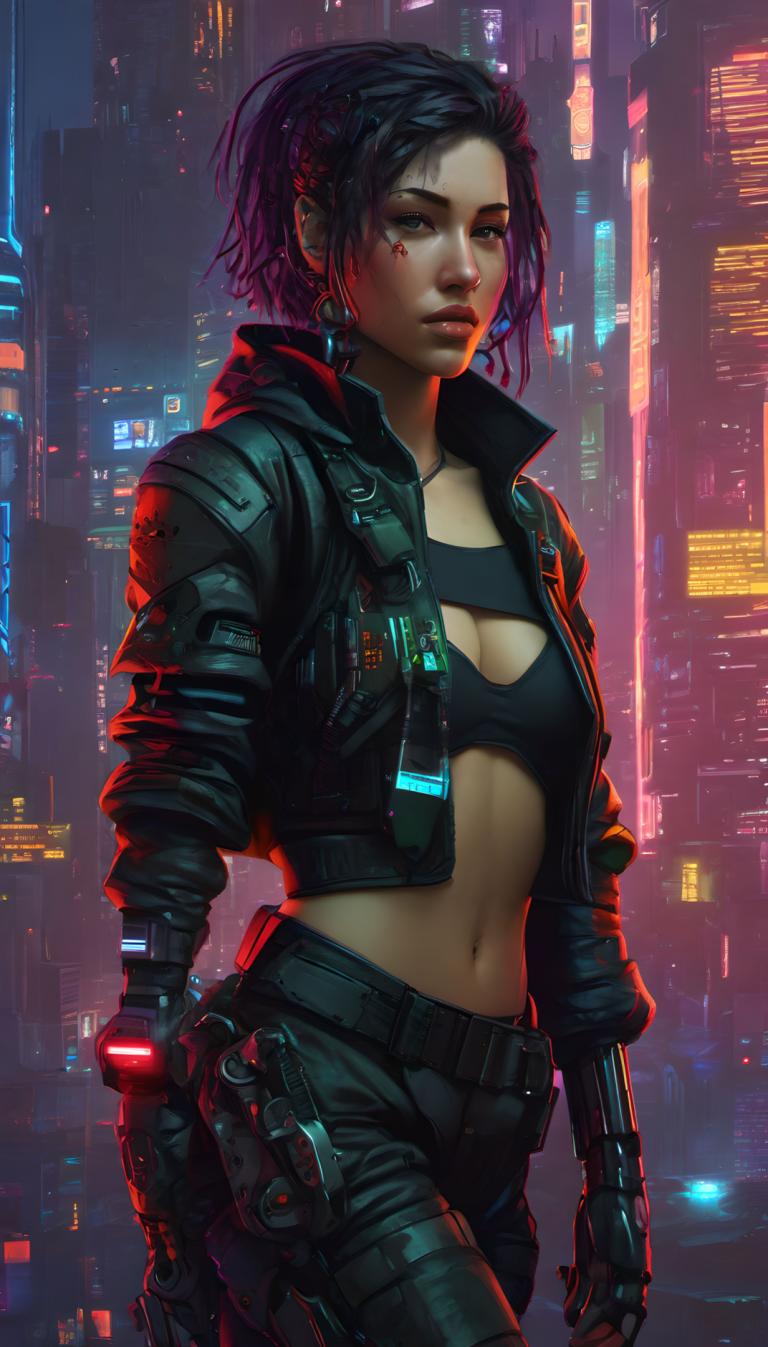 Cyberpunk,Cyberpunk, People, woman, 1girl, cyberpunk, solo, navel, weapon, breasts, jacket, gun, cleavage