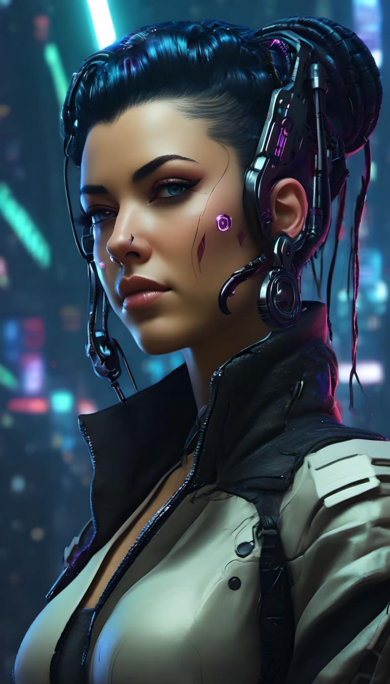 Cyberpunk,Cyberpunk, People, woman, 1girl, solo, hair bun, black hair, breasts, cyberpunk, single hair bun