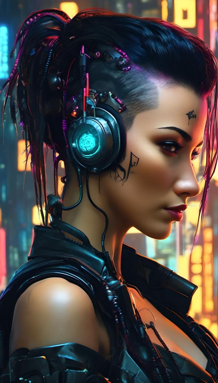 Cyberpunk,Cyberpunk, Mensen, vrouw, 1meisje, solo, cyberpunk, zwart haar, hoofdtelefoon, bedenken, tatoeëren