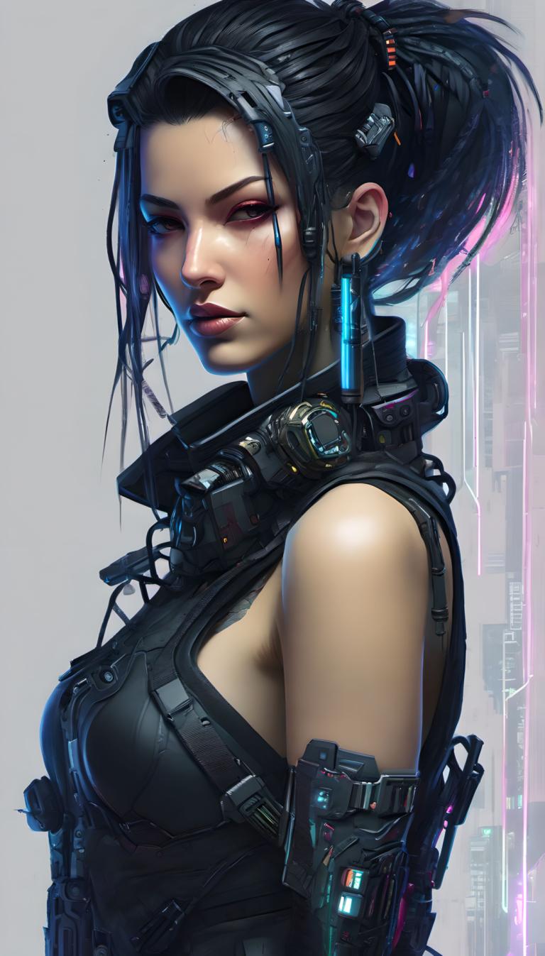 Cyberpunk,Cyberpunk, Menschen, Frau, 1Mädchen, Solo, schwarzes Haar, Ohrringe, Schmuck, Science-Fiction