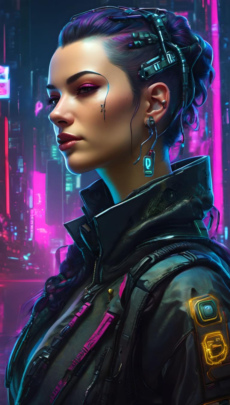 Cyberpunk,Cyberpunk, Mọi người, đàn bà, 1 cô gái, đấu, cyberpunk, trang sức, Hoa tai, áo khoác, trang điểm