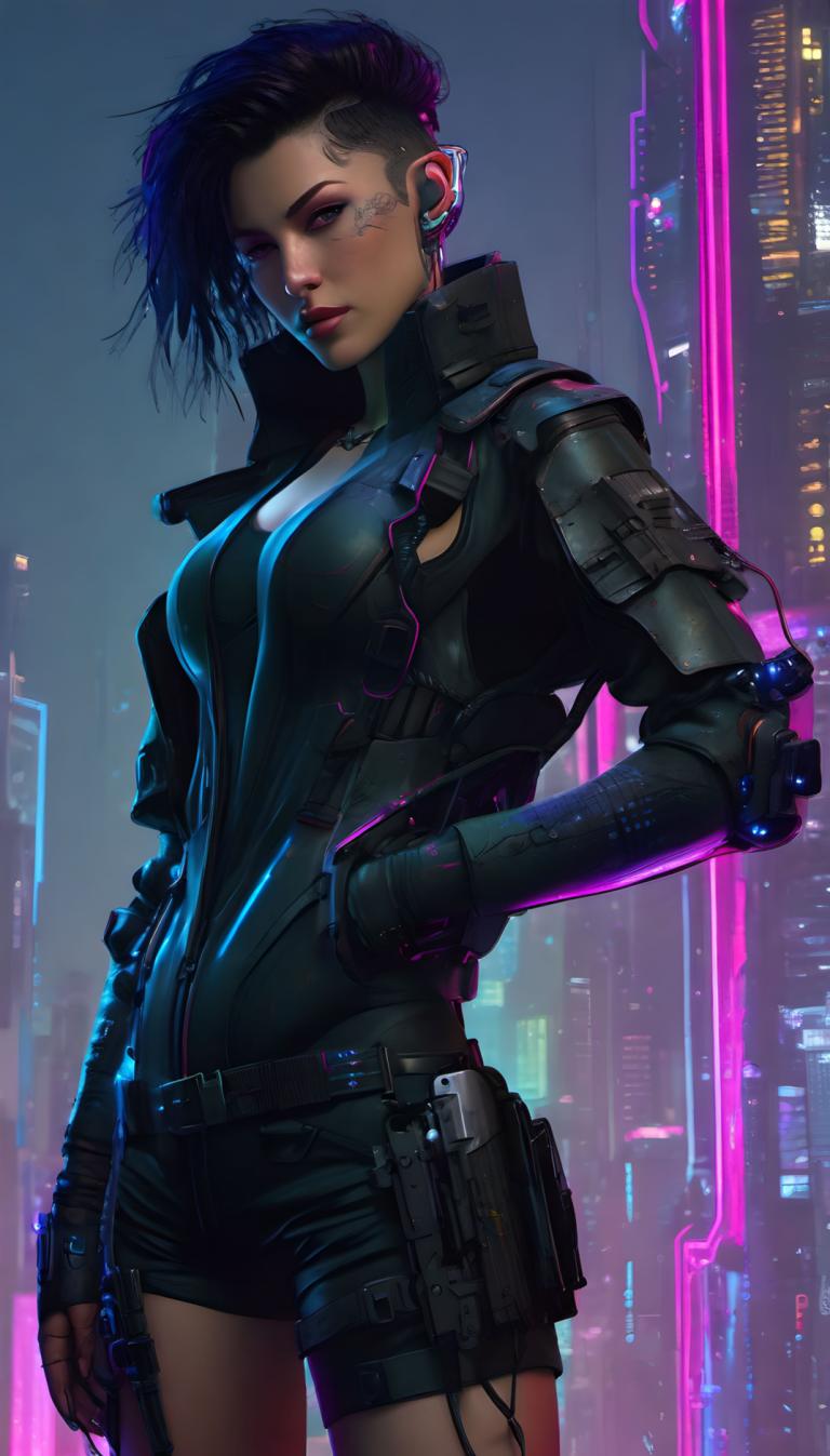 Cyberpunk,Cyberpunk, People, woman, 1girl, solo, dark skin, dark-skinned female, cyberpunk, undercut, gun