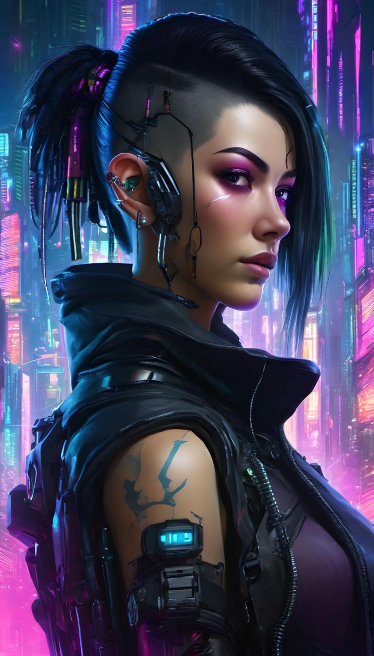 Cyberpunk,Cyberpunk, Ljudje, ženska, 1 dekle, cyberpunk, solo, Črni lasje, piercing, čop, kiborg