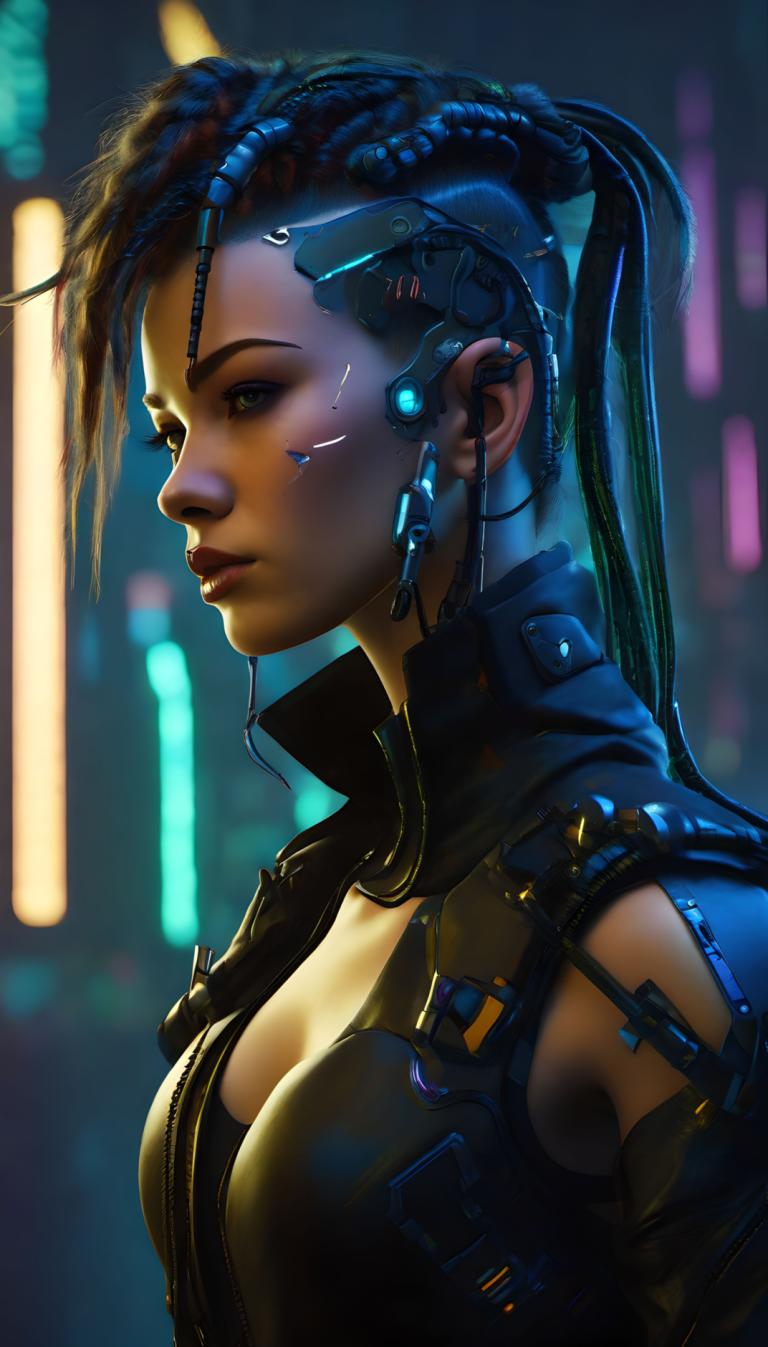 Cyberpunk,Cyberpunk, People, woman, 1girl, solo, breasts, cyberpunk, cleavage, science fiction