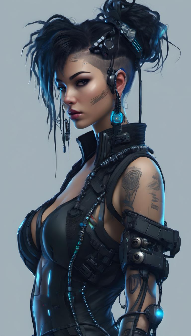 Cyberpunk,Cyberpunk, People, woman, 1girl, solo, breasts, black hair, tattoo, earrings, realistic, jewelry