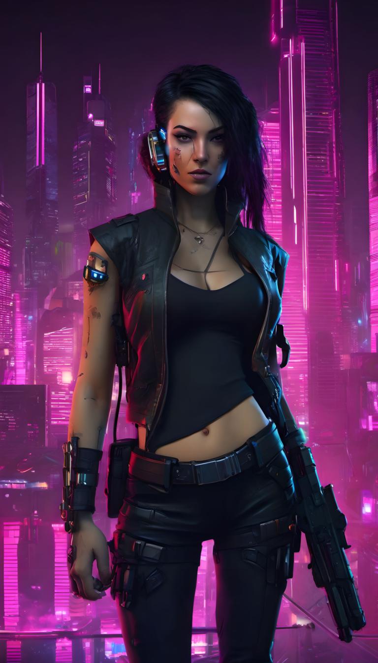 Cyberpunk,Cyberpunk, Menschen, Frau, 1Mädchen, Solo, Waffe, Cyberpunk, Pistole, Nabel, Brüste, schwarzes Haar