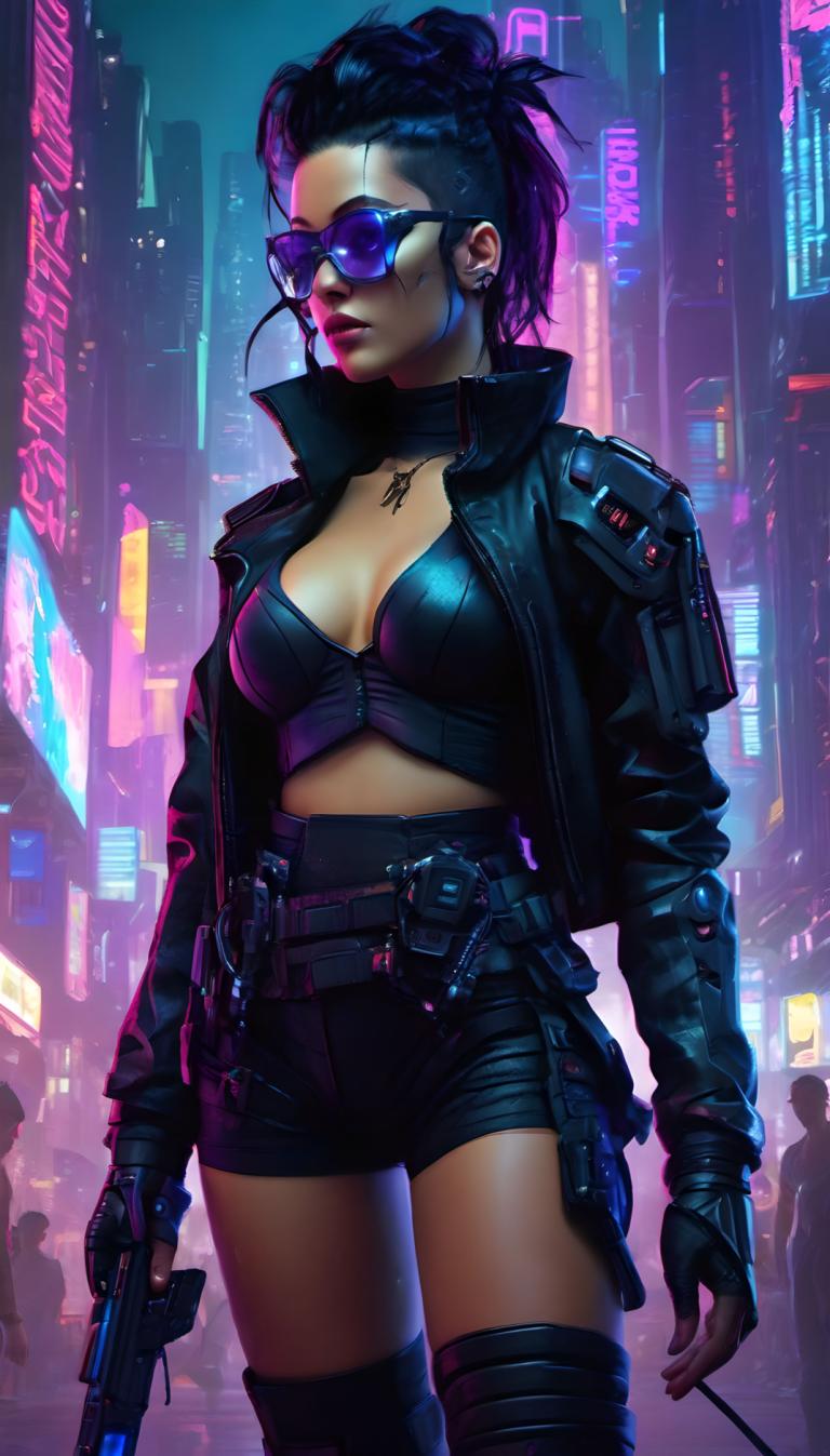 Cyberpunk,Cyberpunk, People, woman, 1girl, weapon, breasts, cyberpunk, gloves, gun, shorts, holding weapon