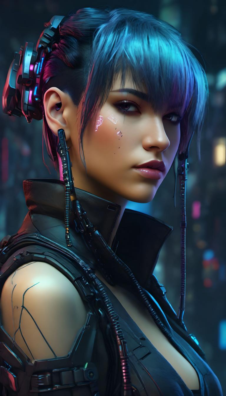 Cyberpunk,Cyberpunk, People, woman, 1girl, solo, blue hair, cyberpunk, breasts, looking at viewer, upper body