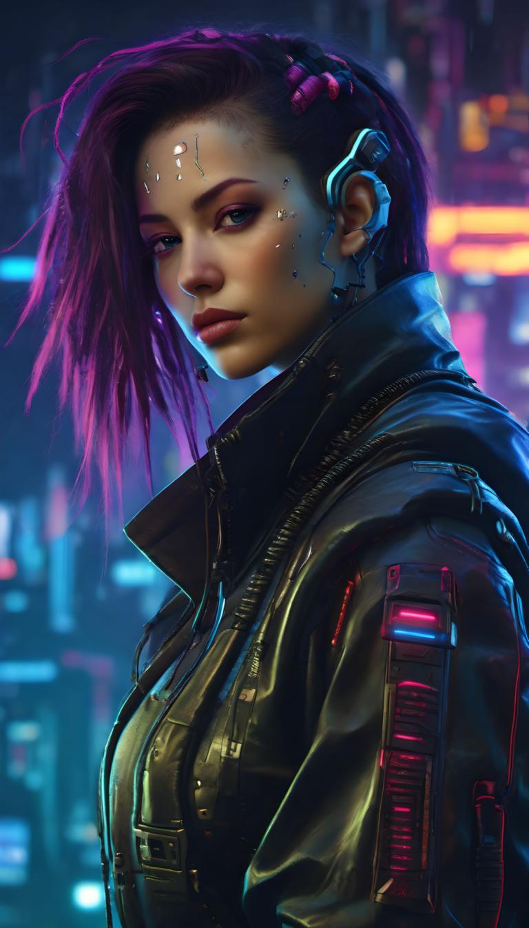 Cyberpunk,Cyberpunk, Mennesker, kvinde, 1 pige, solo, cyberpunk, jakke, realistisk, underskåret, mørk hud