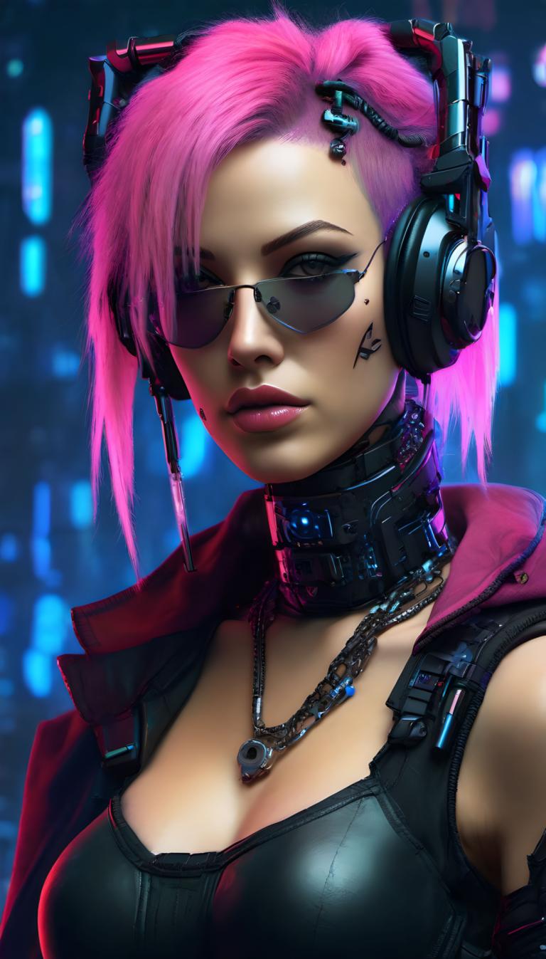 Cyberpunk,Cyberpunk, Menschen, Frau, 1Mädchen, Solo, pinkes Haar, Brüste, Schmuck, Halskette, Kopfhörer